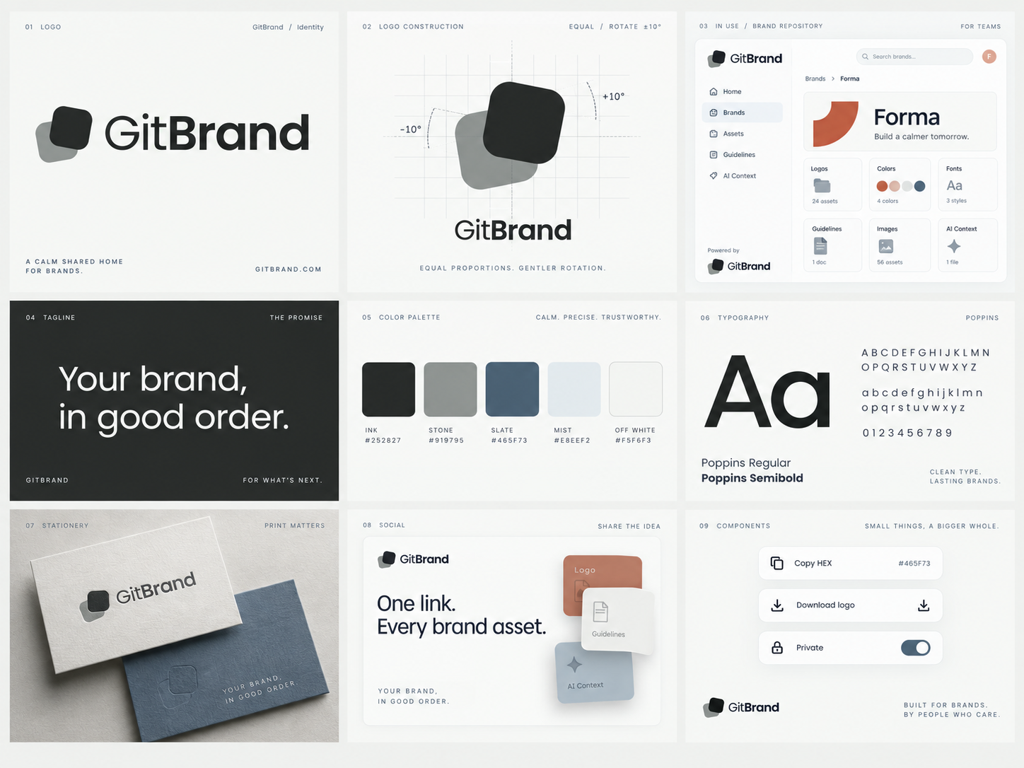 AI-generated GitBrand art-direction study with stationery, interface concepts and identity applications